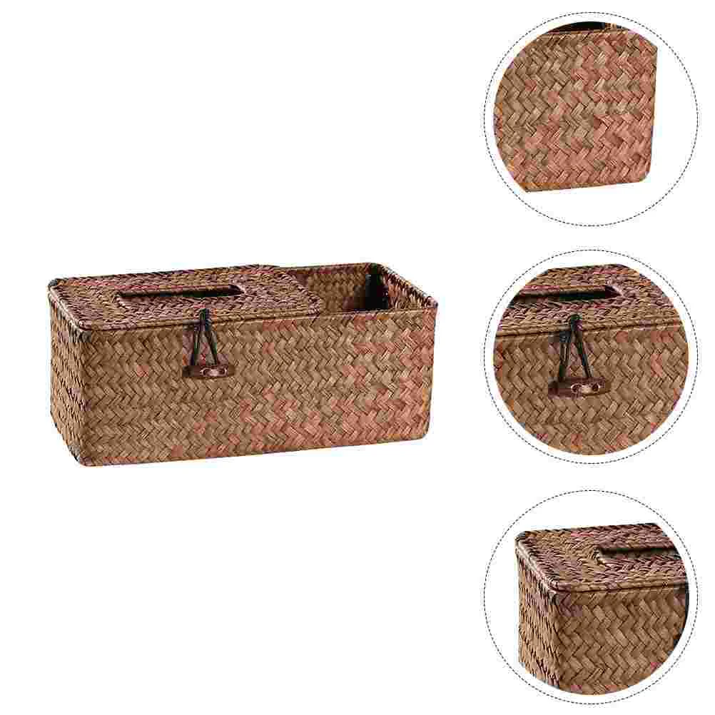 

1PC Tabletop Compartment Storage Box Compartment Desktop Storage Box Woven Seaweed Tissue Box for Study