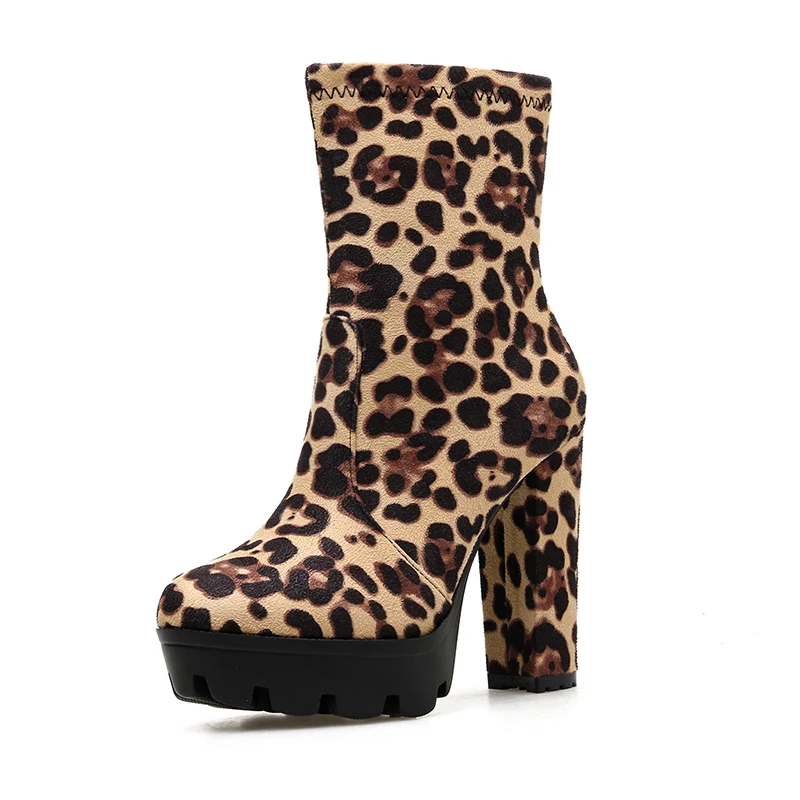

Women European American Short Boots Leopard Print Faux Suede Round Toe Thick Sole Fashion Casual Street Sexy Women Shoes KC380