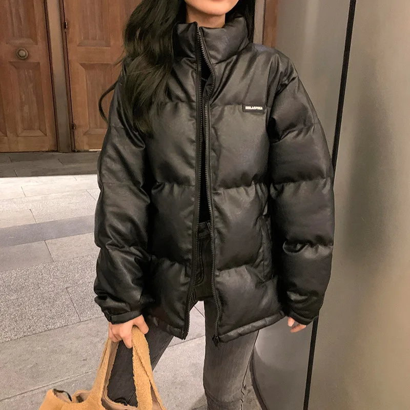 New Black Faux Leather Jacket Parkas Winter Coat for Women Coats Bread Padded Jacket Warm Oversize PU Leather Coats Fashion