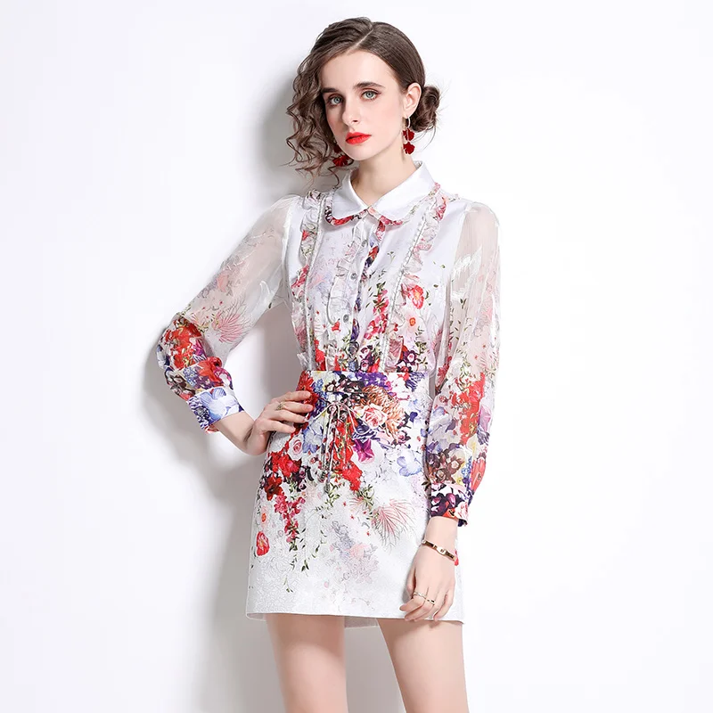 

Женский элегантный жаккардовый костюм с принтом, комплект из двух предметов: рубашка с длинным рукавом и мини-юбка для свадьбы и коктейвече...