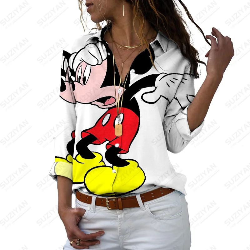

Женская рубашка с длинным рукавом и принтом, Повседневная Свободная Элегантная блузка с воротником и пуговицами Disney