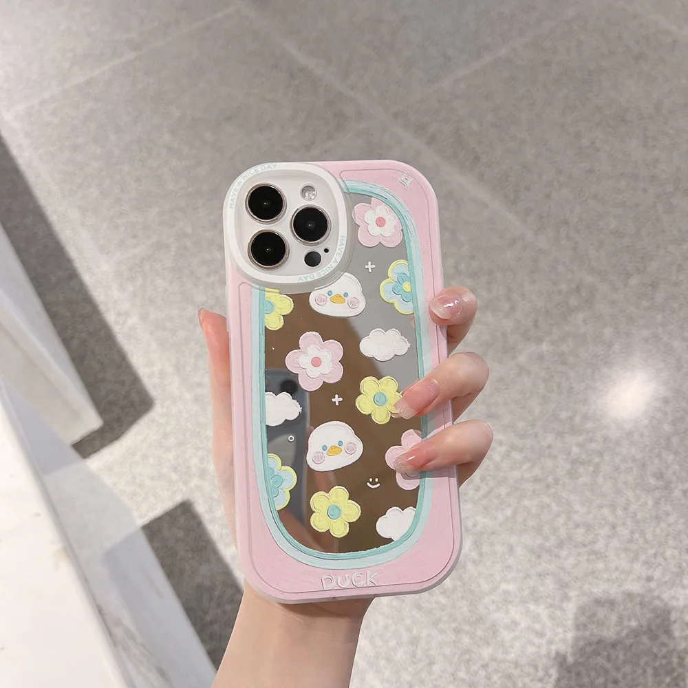 

Phone Case For IPhone 15 14 Plus 12 Mini 11 13 Pro Max Xr Xs Max Oil Painting Duck Crushed Flower with Makeup Mirror Back Cover