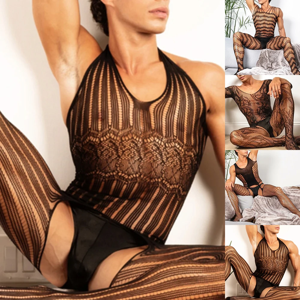 

Men Sexy Bodystocking Transparent Mesh Bodysuit Open Crotch Erotic Lingerie Gay Sissy Lace Fishnet Hollow Out Sleepwear Jumpsuit