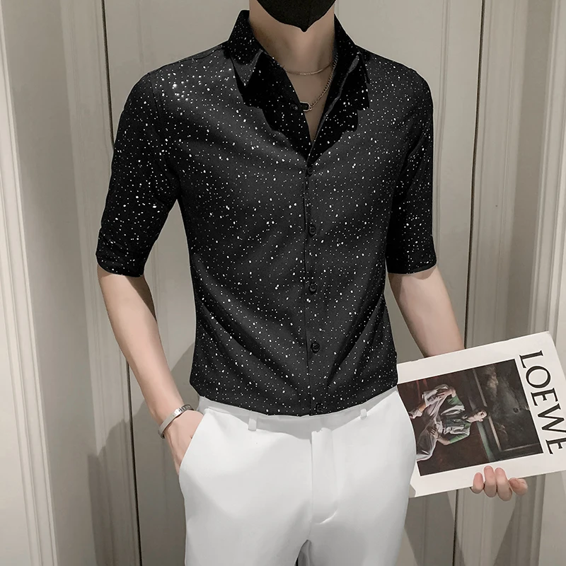 

2022 Summer Short Sleeve Shirts Men Sparkle Dots Social Party Tuxedo Blouse Men Clothing Fashion Streetwear Slim Casual Shirt