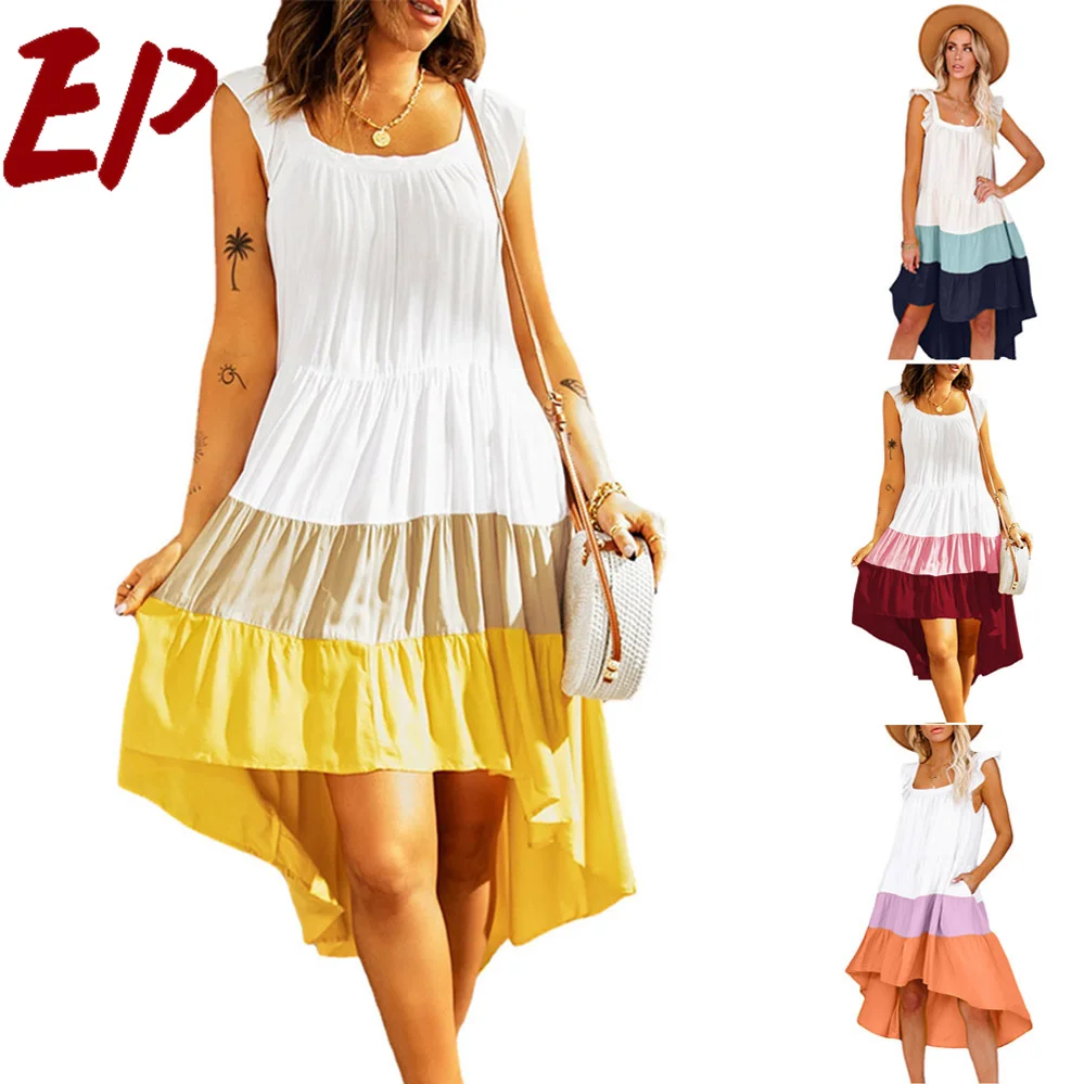 

Ep Bohemia Color Matching Square Collar Women's Suspender Dress 2022 Summer New Beach Party Fashion Women's Swing Skirt