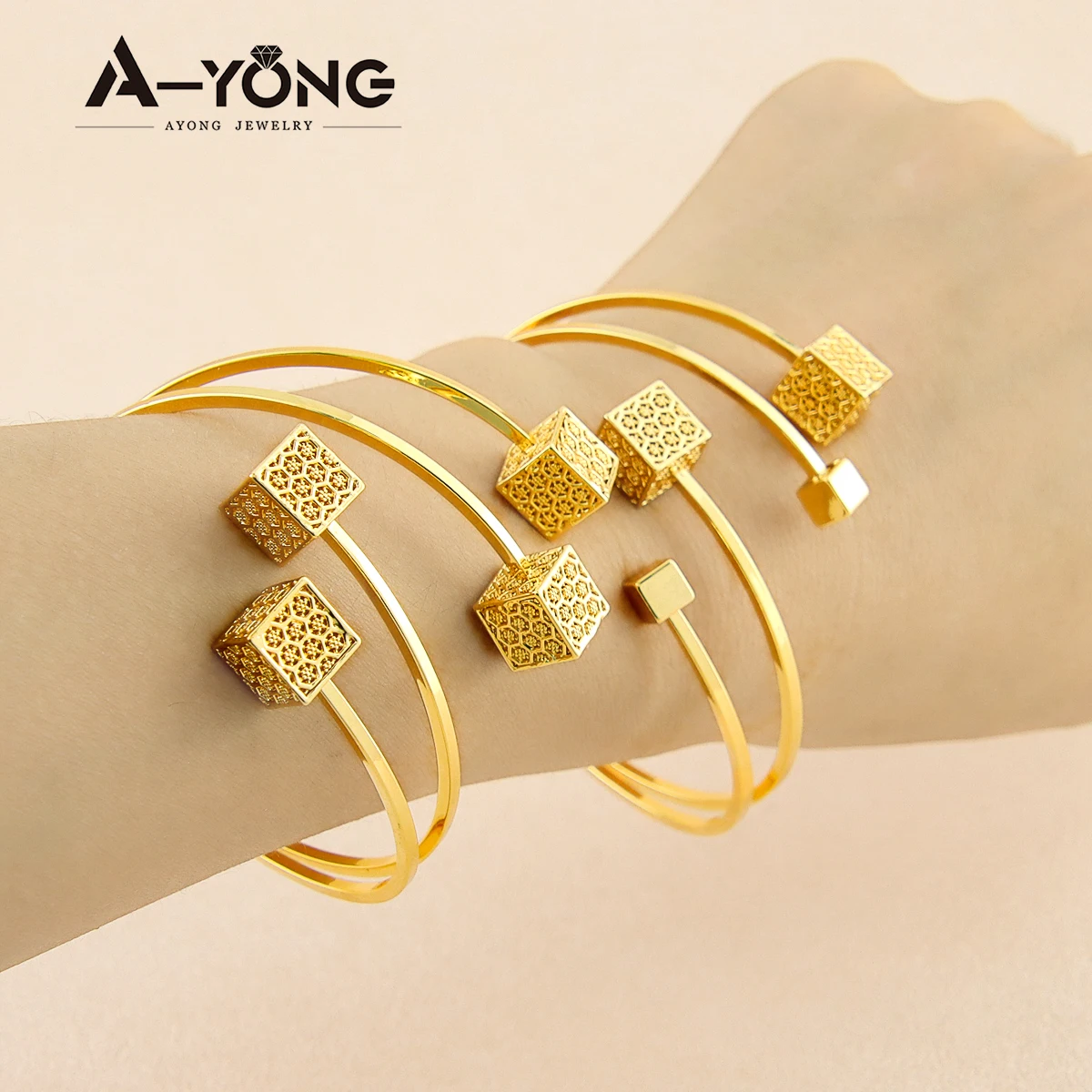 

AYONG Italian Charm Bracelet Ring Set 21k Gold Plated Dubai Elegant Square Adjustable Cuff Bangle Woman Wedding Party Event Gift