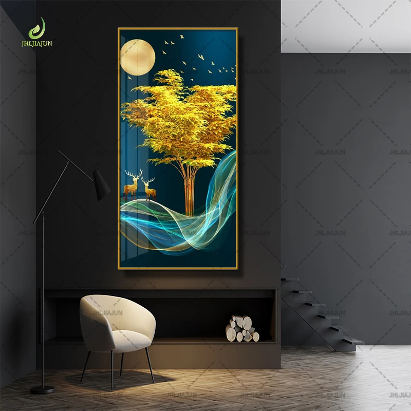 Фон для фотографирования с изображением золотых листьев и оленей золотой рамкой