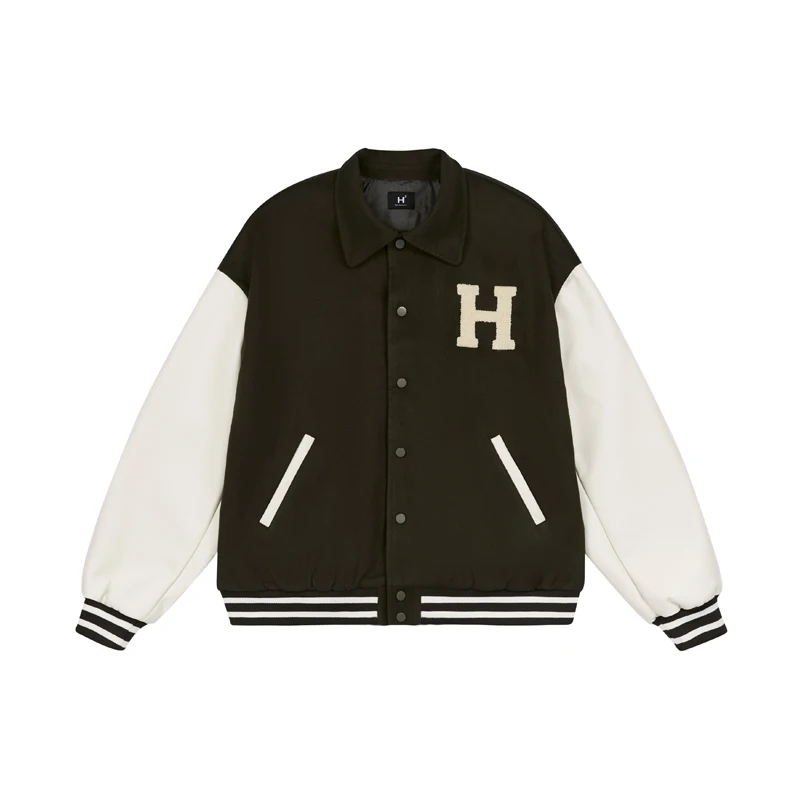 

Hero Heretic Street Towel Embroidered Baseball Jacket Men's Lapel Dark Green Popular Long Sleeve Loose Casual Coat