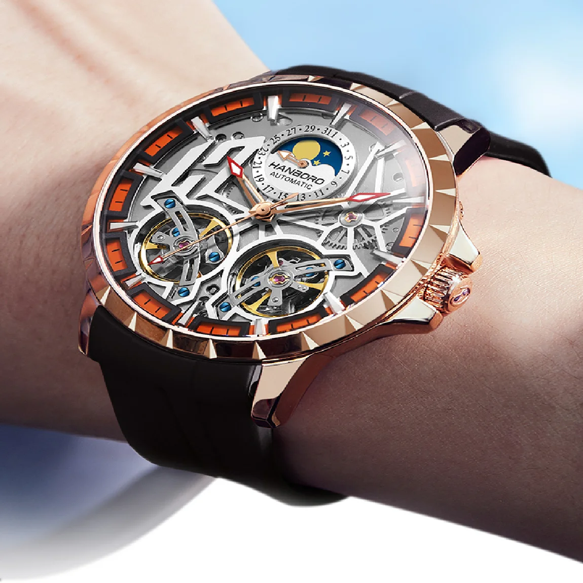 

HANBORO mens watch double flywheels Fashion Automatic watch trend mechanical watches luminous sports man Watch relogio masculino