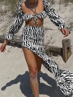y2k zebra print lace up long sleeve crop top side slit high waist bodycon maxi skirt 2 piece sets women 2022 sexy beachwear
