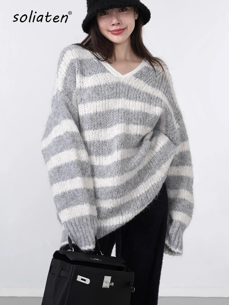 

Повседневные пуловеры в полоску большого размера, женские вязаные базовые осенне-зимние свободные плотные Джемперы, свитера, женская одежда, C-289
