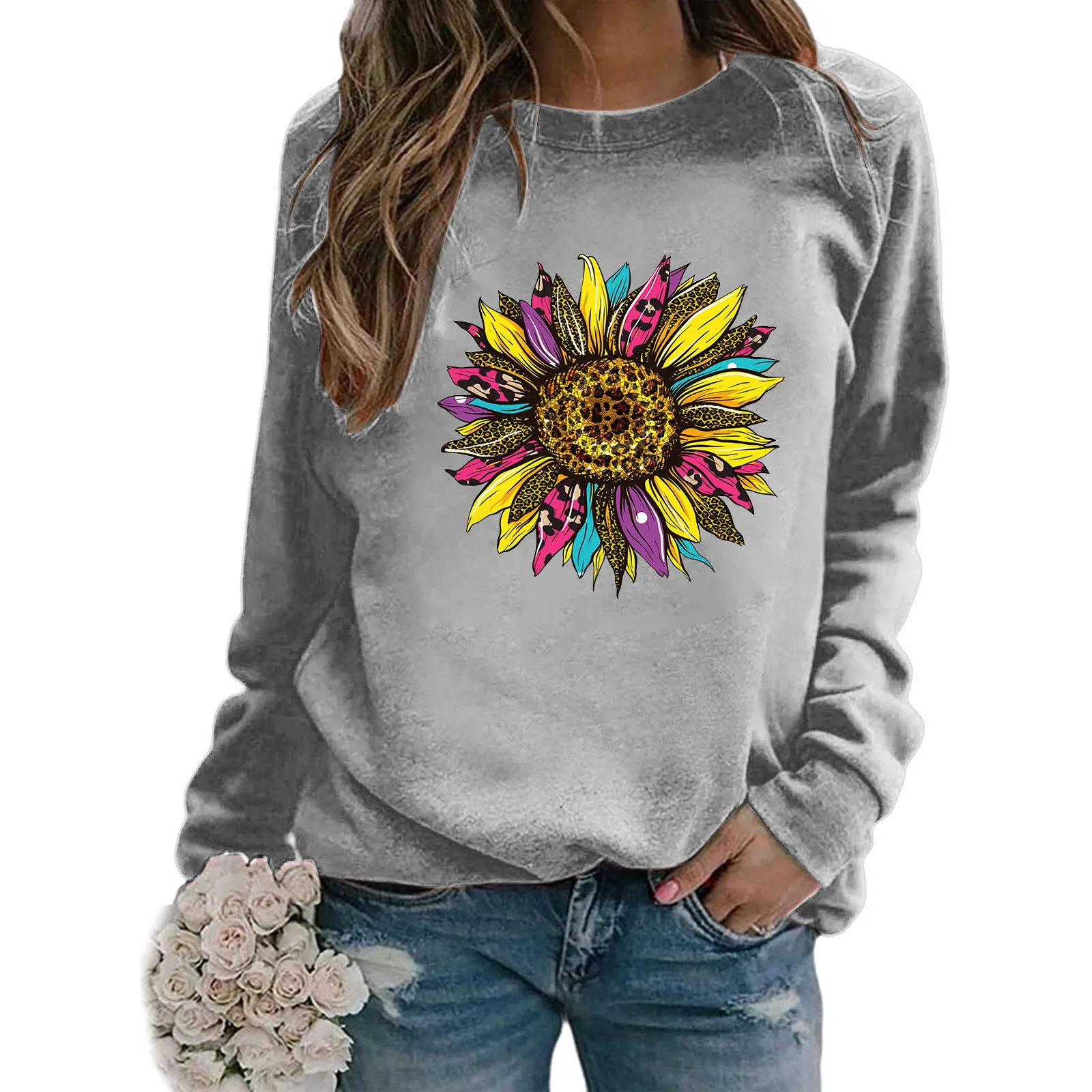

Long Women's Neck Round Loose Blouse Print Casual Sleeve Top T-shirt Sunflower Women's Polyester T Shirt's Tees