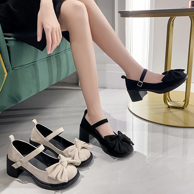 

Flock Pumps Women Bow Square Heel Black Heels New Retro Mary Jane Shoes Women Sexy Maid Lolita Women Shoes Size 43 Tacones Mujer