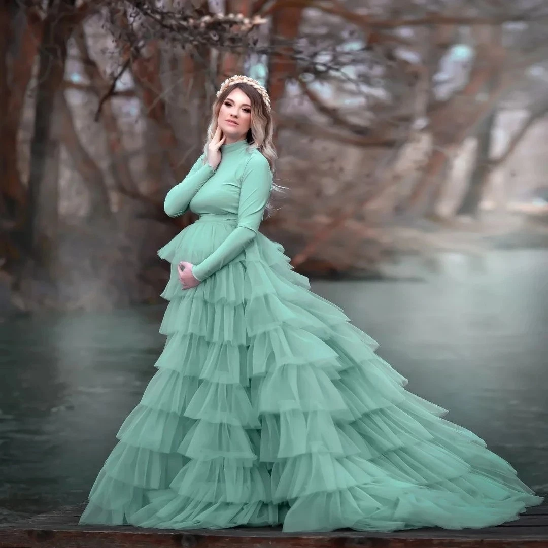 Fairy Tale Mint Green Tiered Tulle Maxi Skirts Women To Maternity Picture Fluffy Puffy Ruffles Long Tulle Skirts Elastic