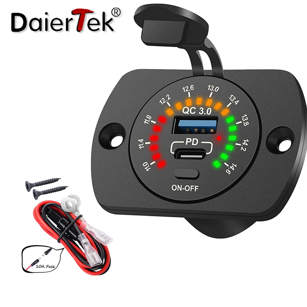 DaierTek 12V USB Car Charger Socket PD Type C QC3.0 Quick Charger 12V/24V USB Port with Switch Colorful Voltmeter Power Outlet