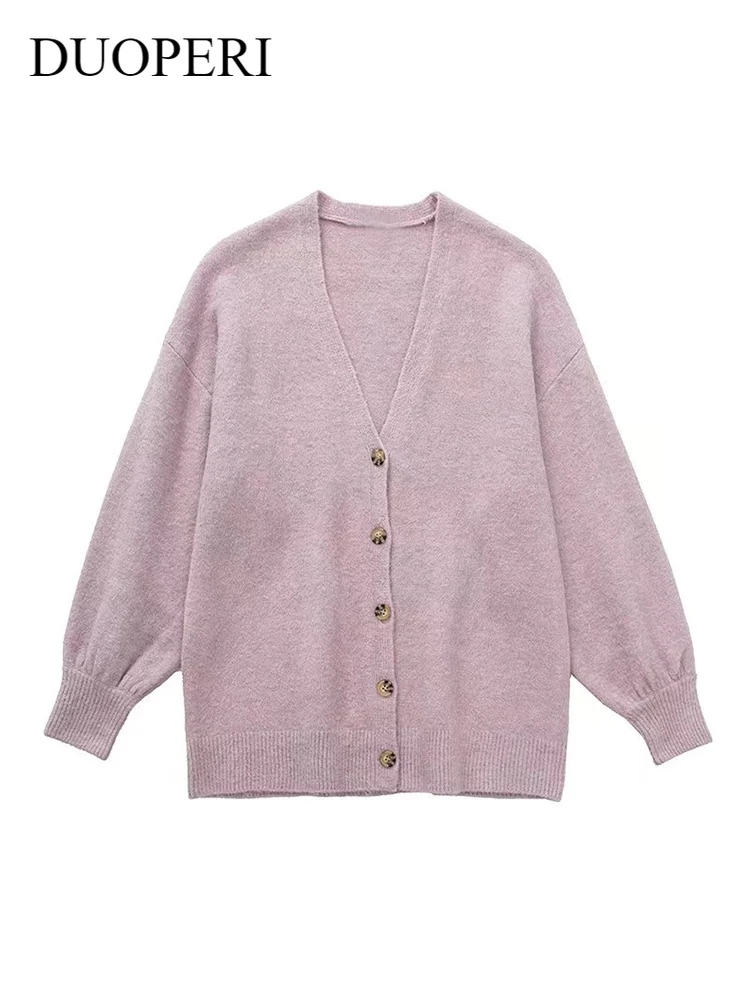 

Модный женский однотонный однобортный вязаный свитер DUOPERI, винтажный женский шикарный свитер с V-образным вырезом и длинным рукавом