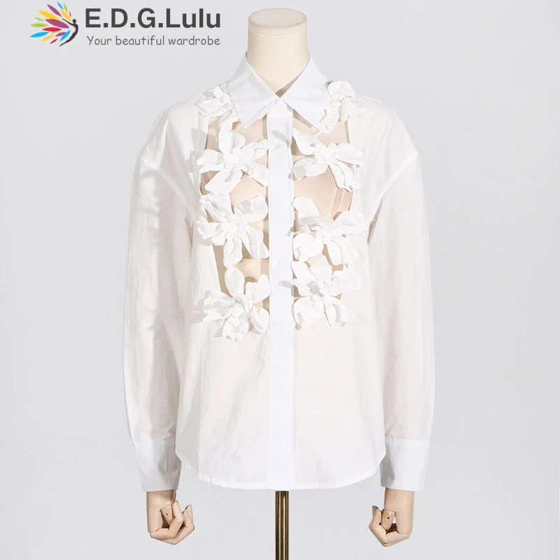 EDGLuLu белая блузка с отложным воротником и длинными рукавами женская однобортная