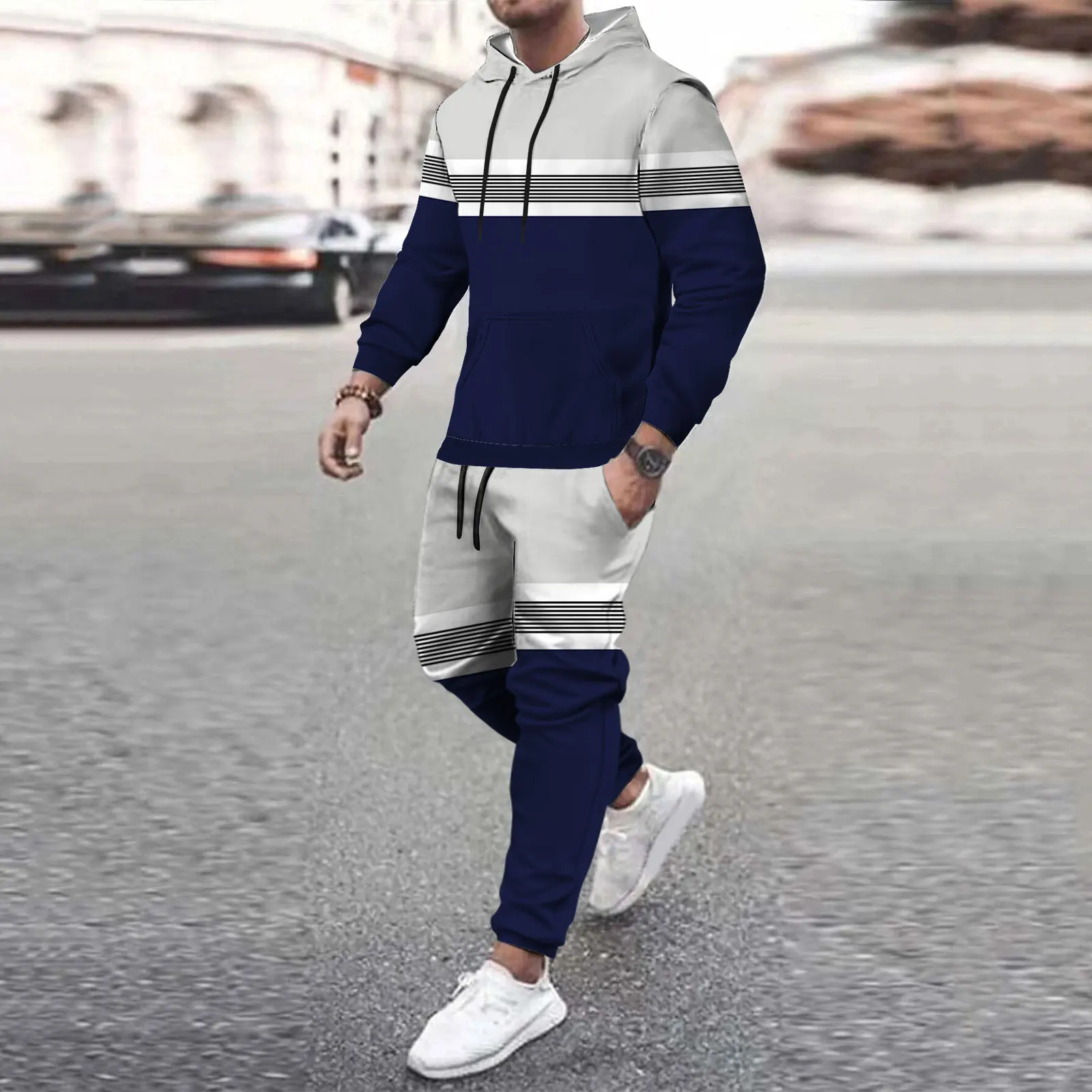 Hot Sale Autumn Patchwork Striped Mens New Tracksuit Hoodies and Trousers High Quality Male Dialy Casual Sports Jogging Set