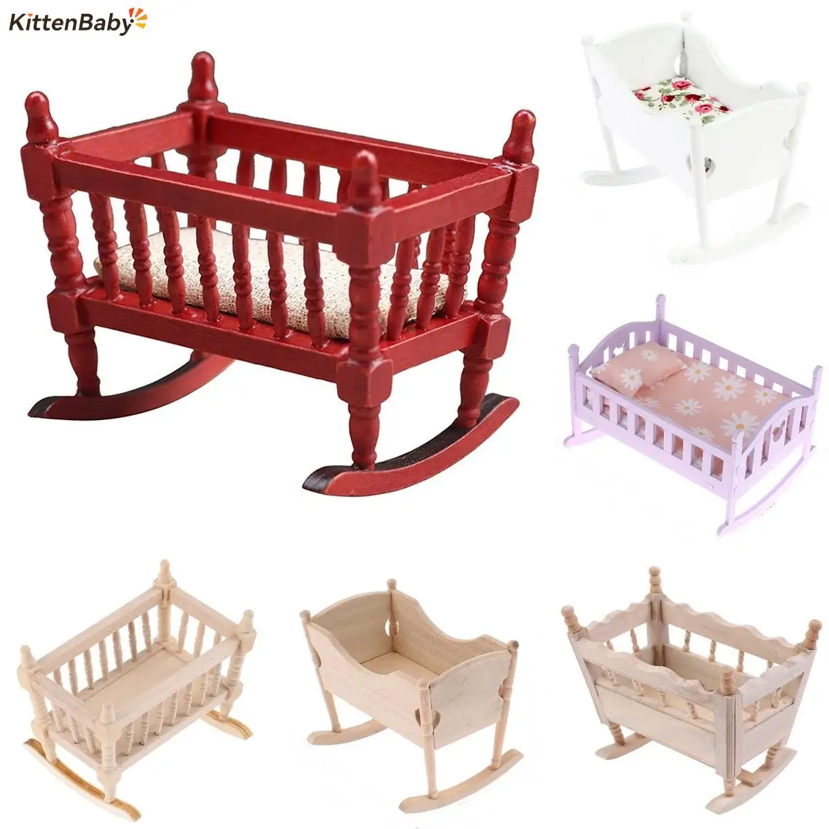 1Pcs Dollhouse Wooden Nursery Cradle Baby Doll Shaker Toy Accessories Bed Cradle Crib Play House Toy Accessories Bed Cradle