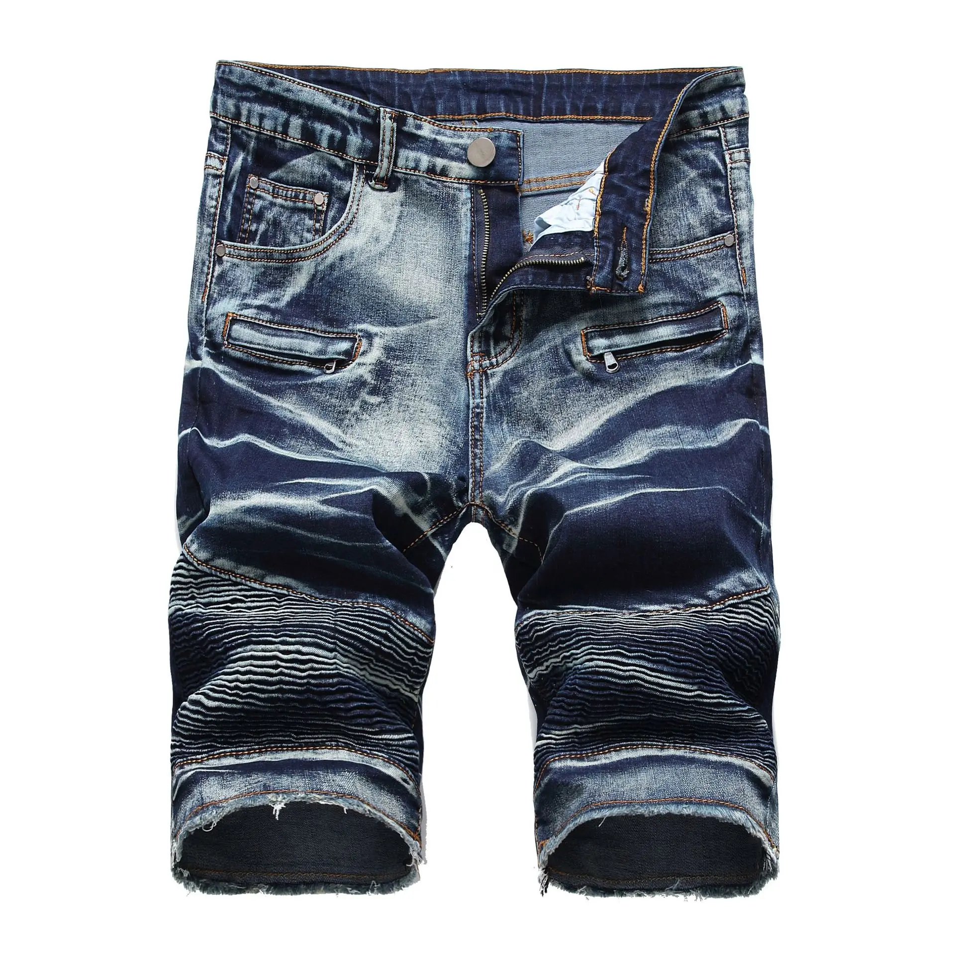 Men's denim casual sports shorts Motorcycle zipper wrinkle men's  stretch mid-length pants quarter