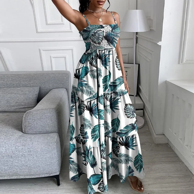 

Bohemian Beach Long Dress Vestidos 2022 Summer Elegant Ladies Suspenders Pleated Party Dress Ladies Leaf Print Sexy Long Dress