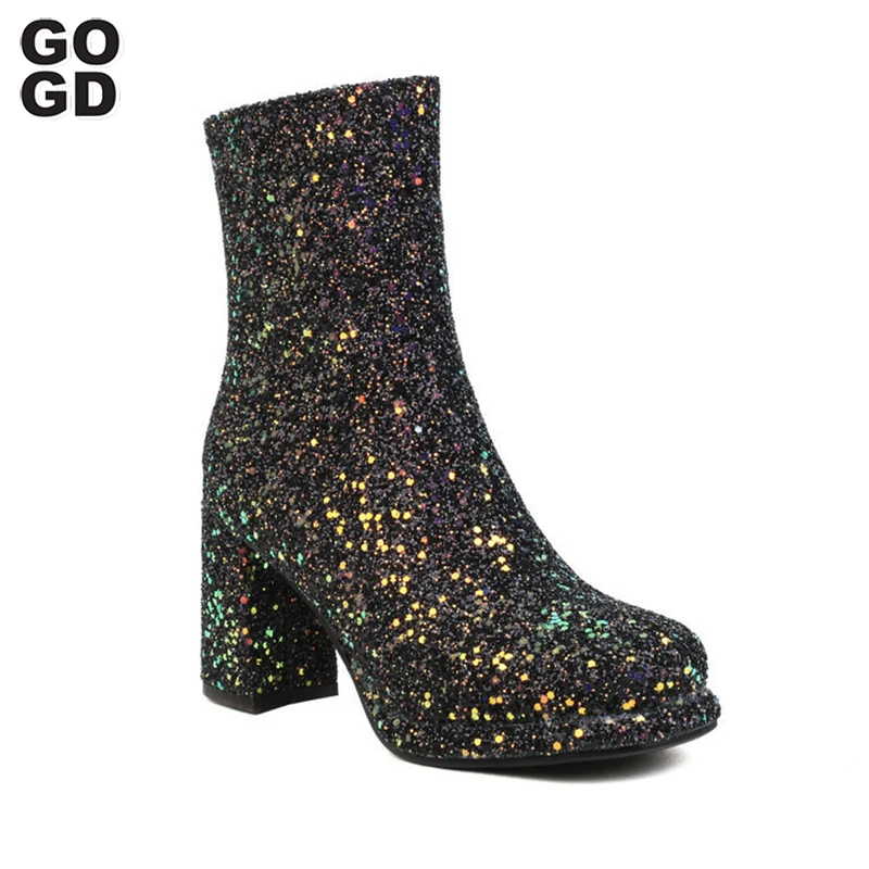 GOGD Brand Fashion Women's 2023 Ankle Boots Platform Chunky Heels  Zipper Glitter Shiny Bling Boots Short Sexy Party Shoes Pumps