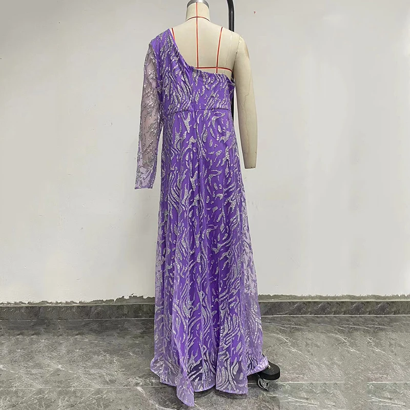 2023 New Performance Party Women'S Evening Dress Sequin Open Sleeve Split Dress Slim Fit One Shoulder Sleeve Dress