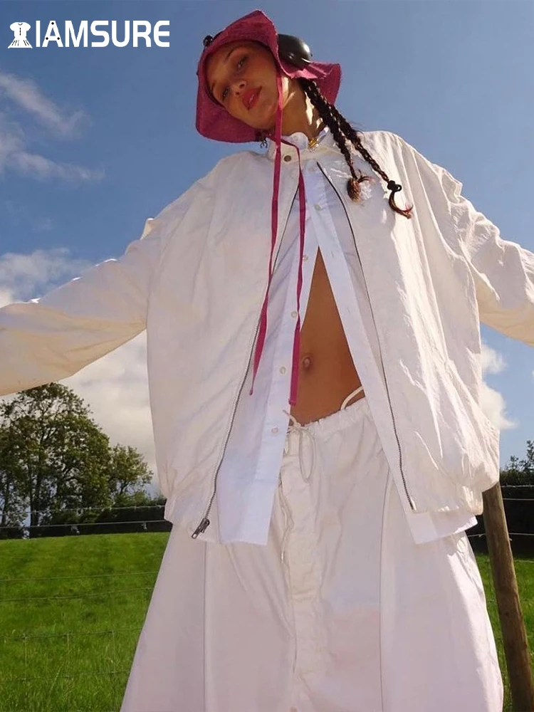 

IAMSURE Casual Loose Jacket Women 2022 Autumn Winter Basic Solid Long Sleeve Stand Collar Zipper Coats Fashion Ladies Streetwear