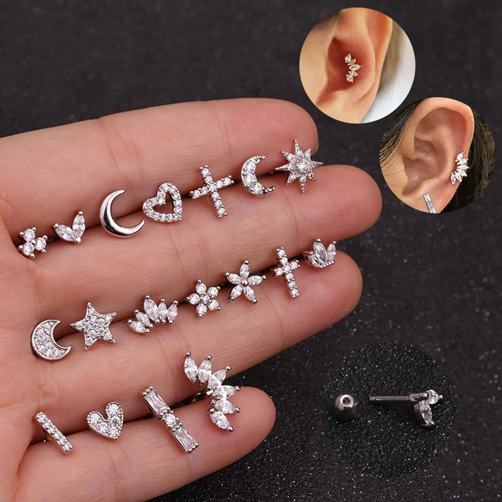 

1Pcs Crystal Heart Tragus Piercing Earring Flat Cross Cartilage Piercing Stud Helix Jewelry Crown Stainless Steel Stud Earrings
