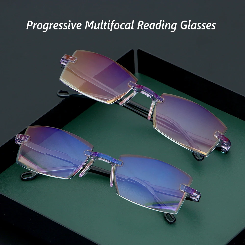 

Goggles Rimless Eyewear Blue Light Blocking Diamond-cut Progressive Multifocal Reading Glasses Presbyopia Eyeglasses