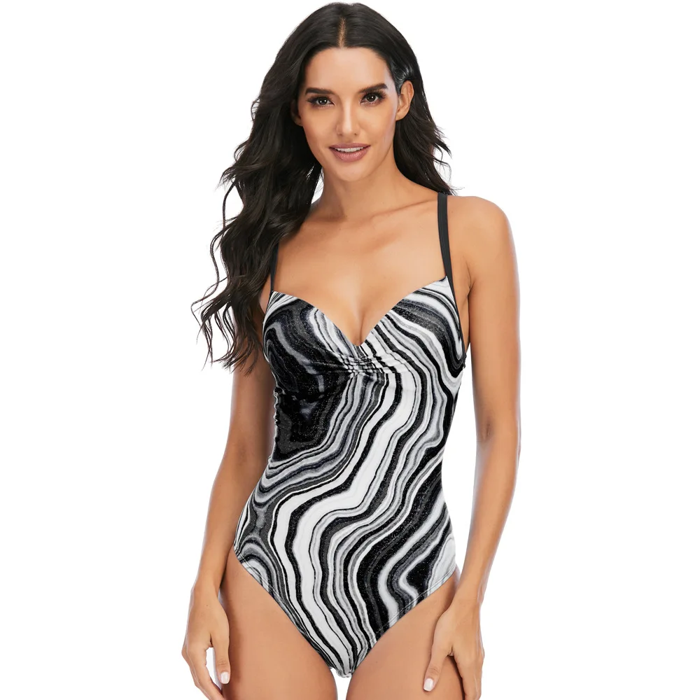 

Women's Sexy Sports One Piece Swimsuit Push Up Tie Swimwear Gold Silk Fabric Abstract Print