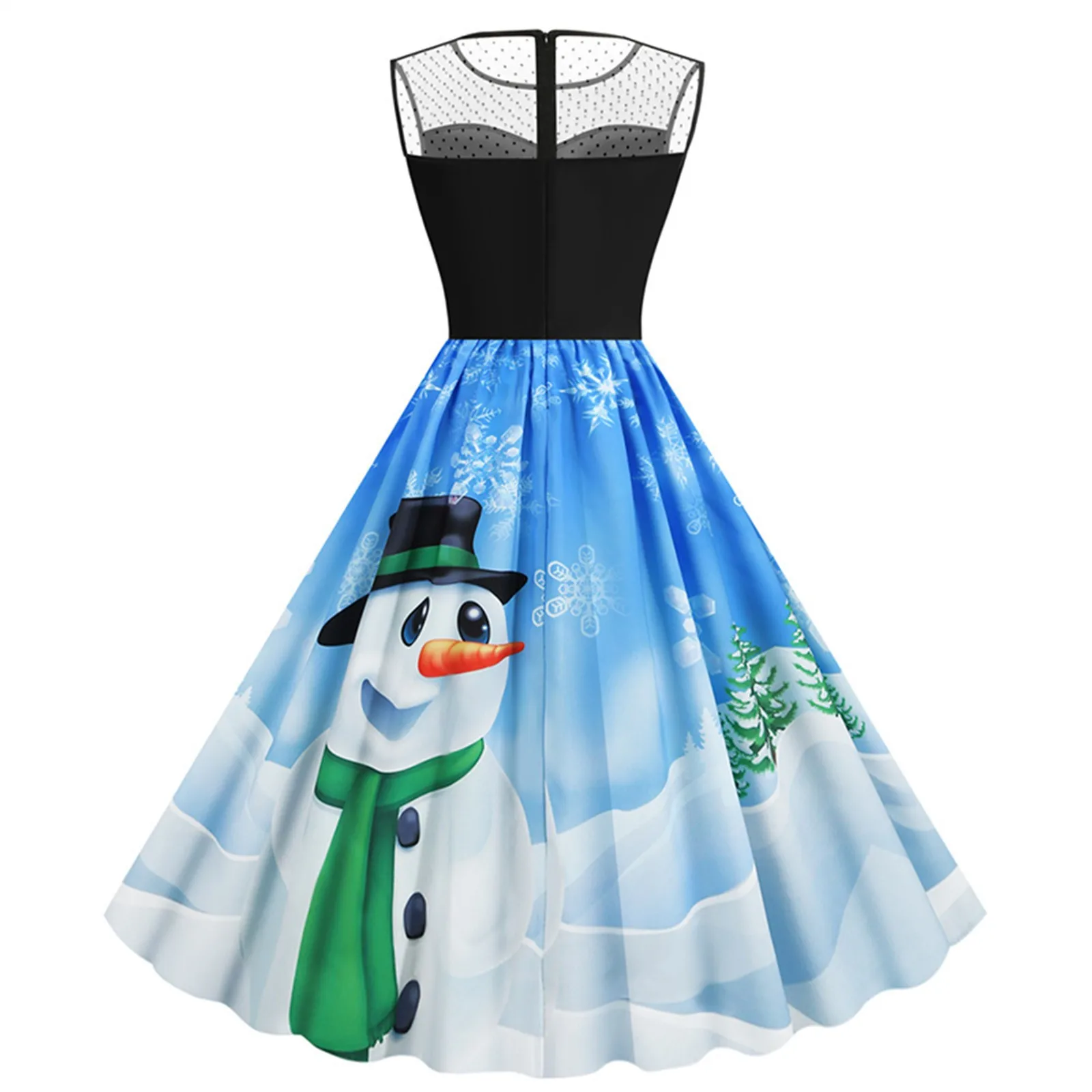 

Christmas Dress Womens Sleeveless Mesh Panel Snowman Swing Dresses Snowman Print Dress Midi Length Formal Dresses Robe Vestidos