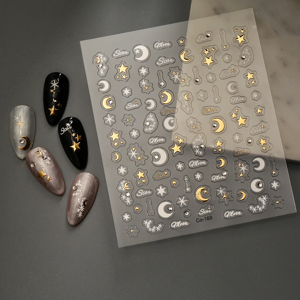 Золотая Звезда Луна 5D Слайдеры для ногтей Маникюрные наклейки Обертывания