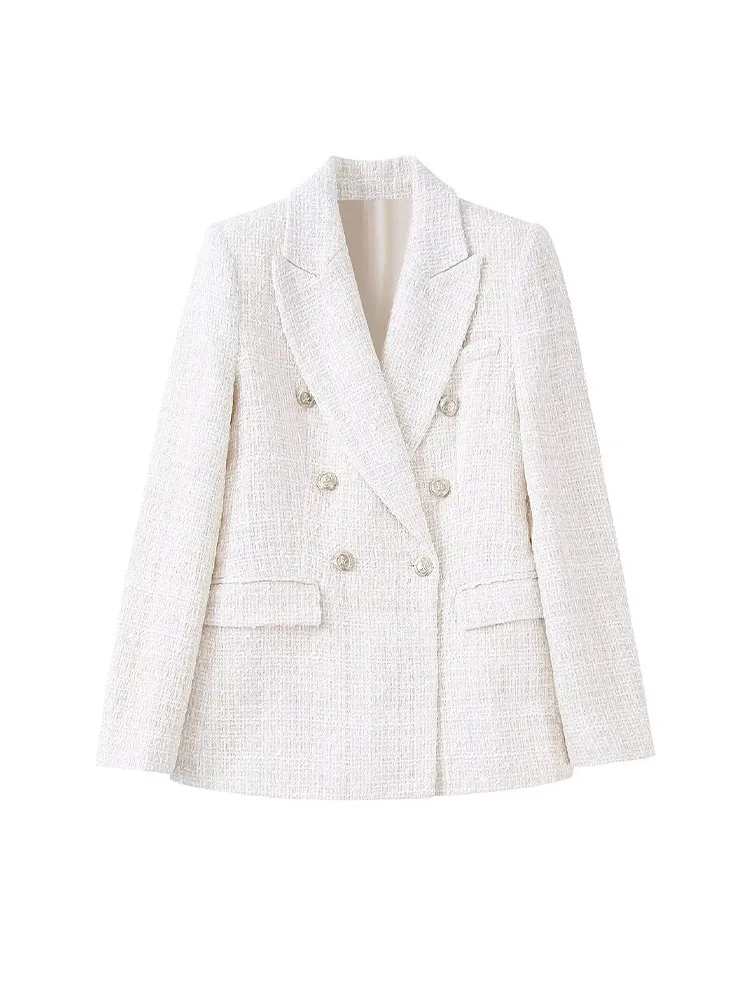 

PB&ZA 7553460 Women 2022 Autumn New Fashion Double Breasted Tweed Blazer Coat Vintage Long Sleeves Female Outerwear 7553/460