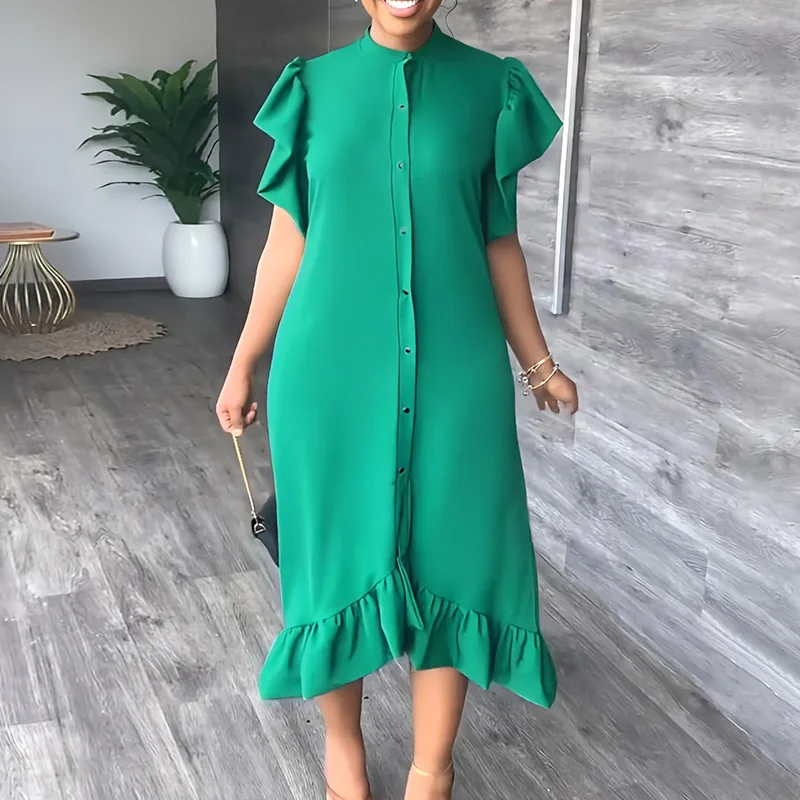 

Женское Повседневное платье-рубашка с оборками на рукавах, летнее Свободное длинное платье с круглым вырезом и оборками, однотонные пляжные платья, Vestido Verano Mujer