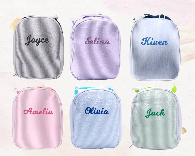 

Personalized Kids Lunch Bag Reusable Lunch Tote Seersucker Bags Kids Child Insulated Lunch Box for Boys and Girls Stripe Pattern