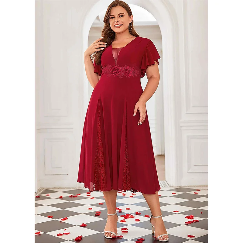2023 Plus Size Short Sleeve Applique Dress Wedding Luxury V Neck Lace Plus Size Dress Women Summer Mid Length Ruffle Madi Dress