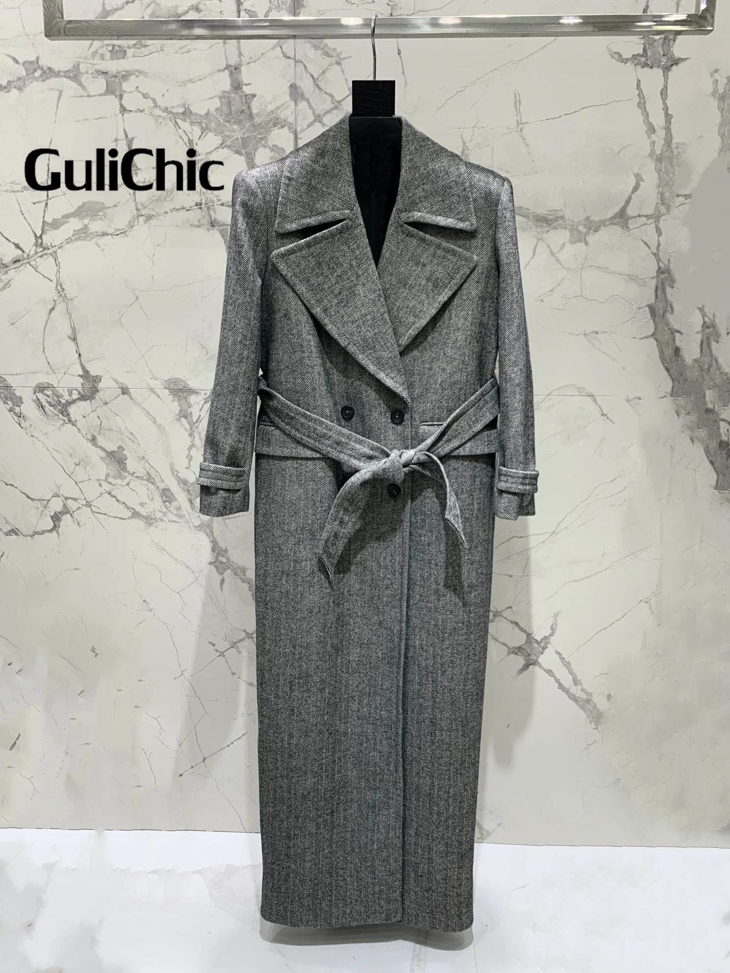 10 26 GuliChic 2024 осенне-зимнее классическое длинное шерстяное пальто с узором елочка