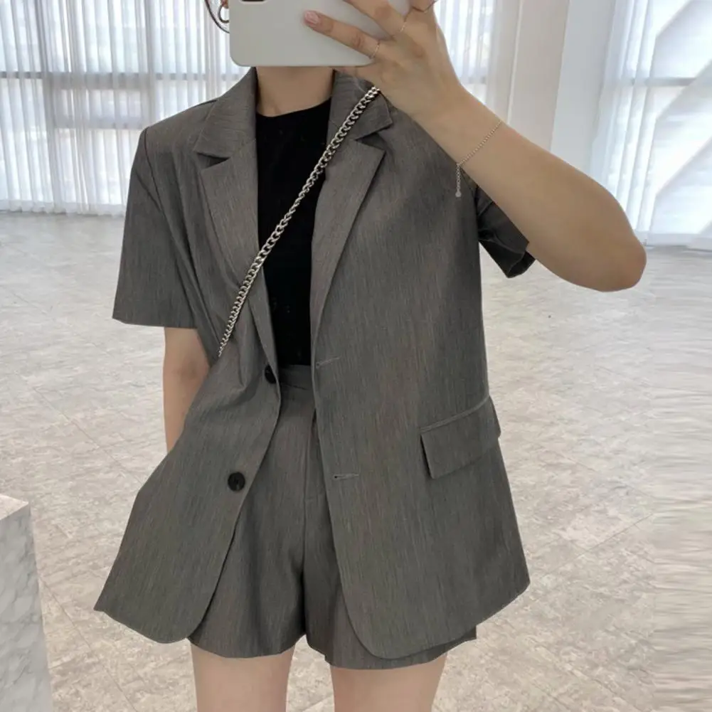 

2 Pcs Women Blazer Shorts Set Formal Short Sleeve OL Style Commute Loose Suit Jacket + High Waist Wide Leg Trousers Shorts