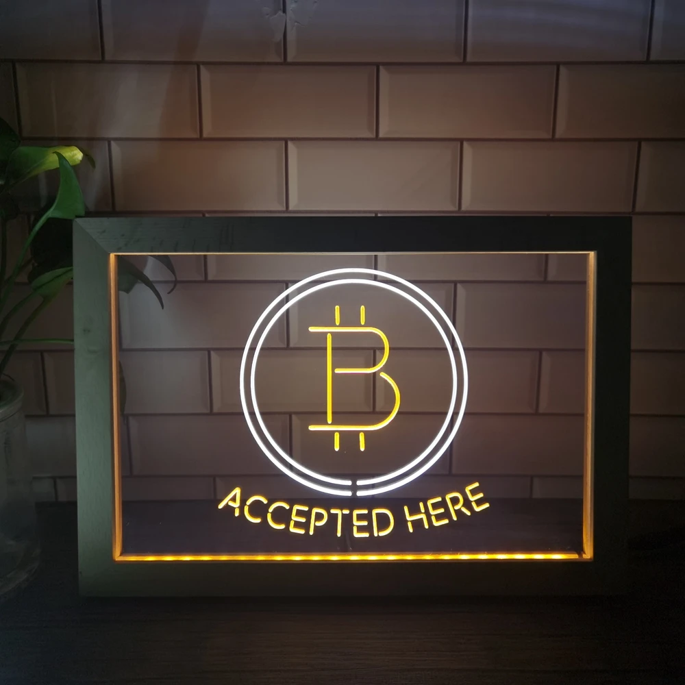 

Bitcoin Accepted Here Cryptocurrency Display Dual Color LED Neon Sign Photo Frame Bedroom Desk 3D Night Light