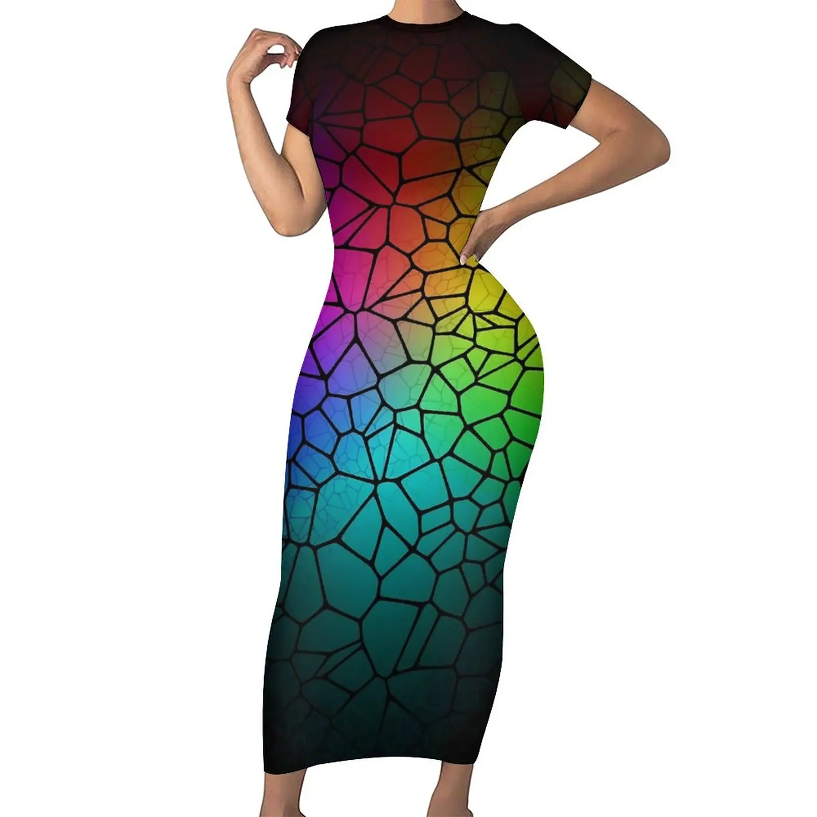 

Shallow Water Dress Short Sleeve Rainbow Glow Print Sexy Maxi Dresses Spring Street Style Printed Bodycon Dress Big Size 4XL 5XL