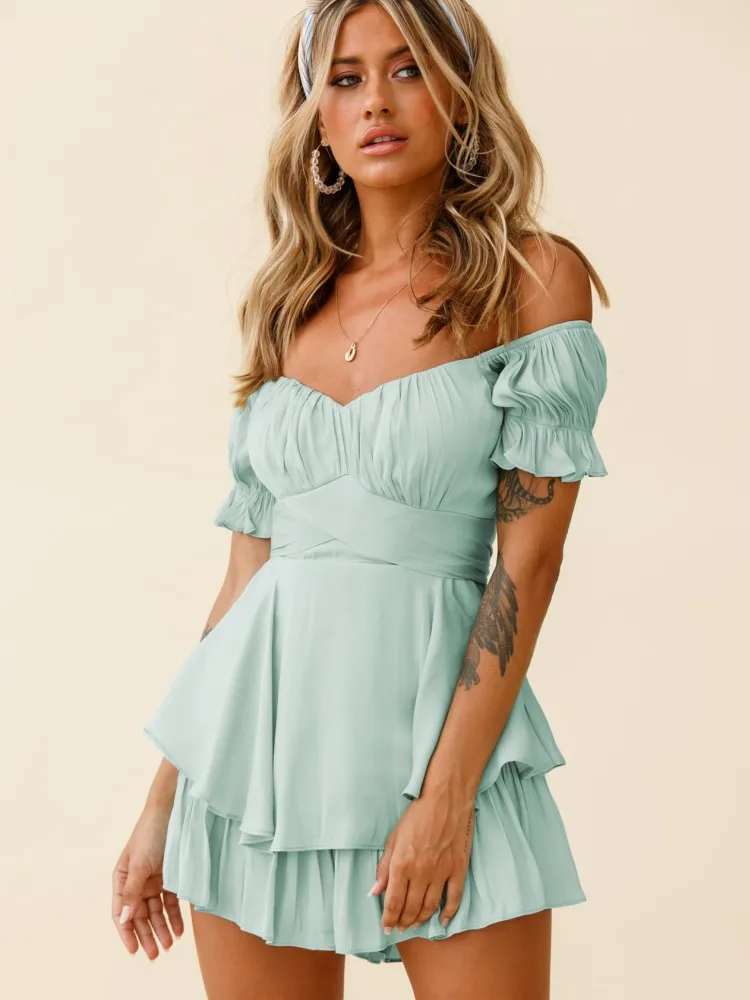 

Женский Летний комбинезон OneLineFox, черный пикантный комбинезон с оборками и V-образным вырезом, комбинезон с открытыми плечами и открытой спи...