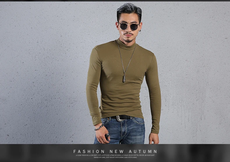 

M1028 Men's spring pure cotton semi high collar bottomed shirt