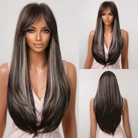 synthetic wigs brown gray highlight long straight wig with bangs for black women cosplay hair wig heat resistant fiber wig daily