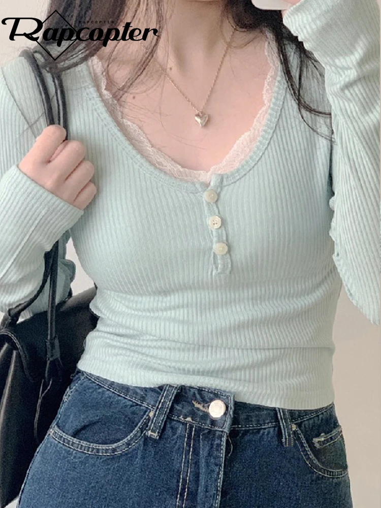 

Rapcopter y2k Lace Knitted Crop Top Retro Cute Full Sleeve V Neck Button T Shirt Korean Chic Harajuku Pullovers Autumn Winter