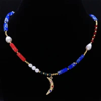 crescent moon colorful beads choker necklaces women stainless steel natural stone pearl necklace jewelry boho accessories na21s0