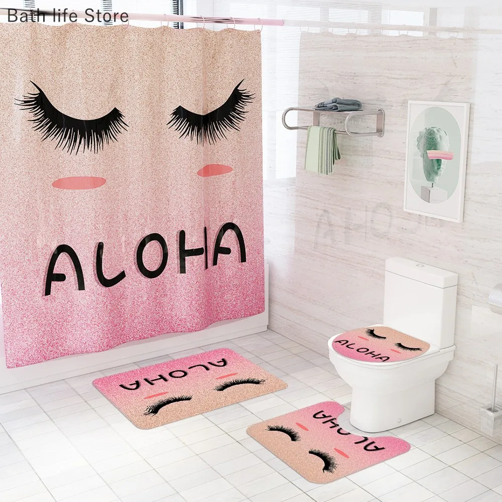 

Pretty Pink Gold Eyelash Shower Curtain Set with Rugs Waterproof Bathing Screen Anti-slip Toilet Lid Cover Rugs Bathroom Decor