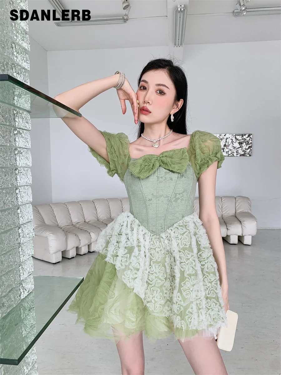 

2022 Summer Sweet Slimming Dress New Women's High Sense Lace Stitching National Style Clothing Bow Short Puff Sleeve Dress