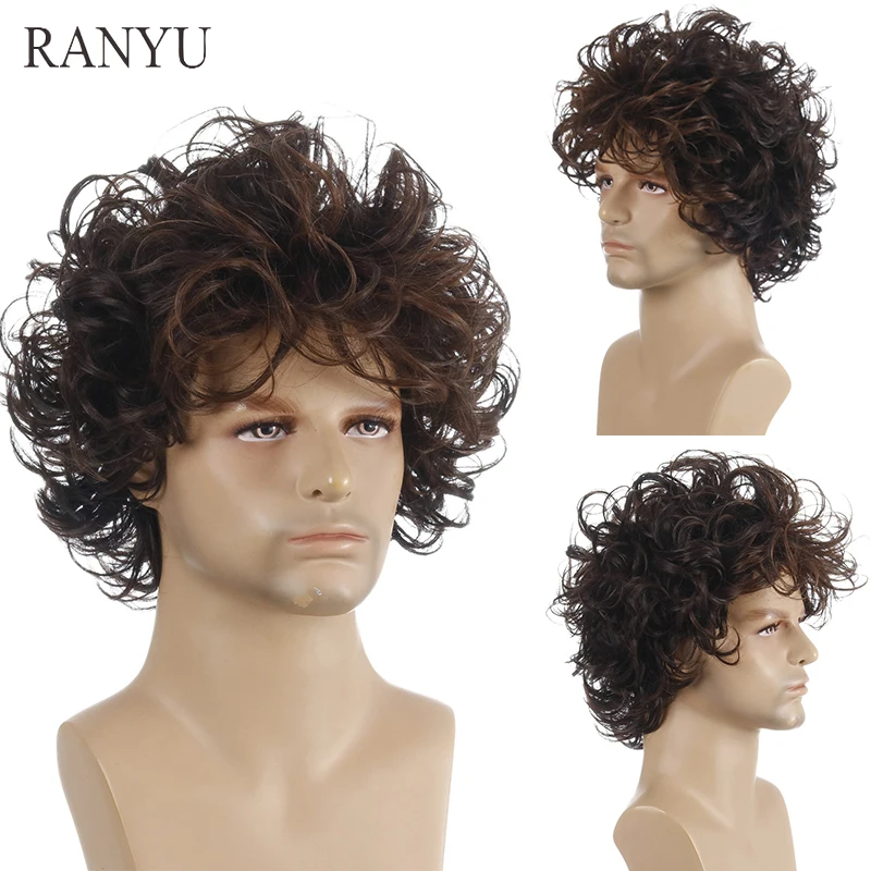 

RANYU Men's Synthetic Wig Short Curly High Temperature Fiber Wig for Party Daily