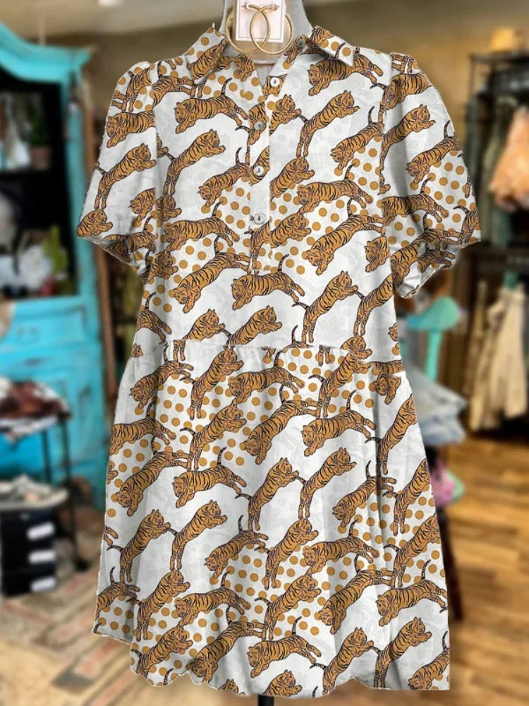 

Платье-макси в горошек с принтом тигра, плиссированное